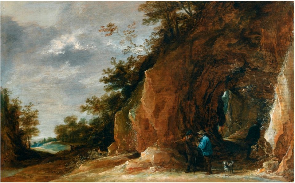 David Teniers (II) - Peasants discoursing by a grotto in a rocky wooded landscape