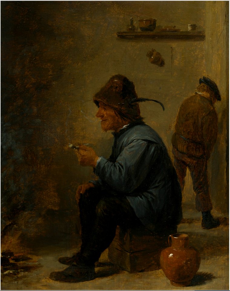 David Teniers (II) - A man holding a pipe sitting before a fire in a tavern, a man peeing in the corner
