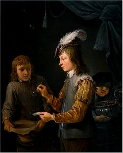 David Teniers (II) - Boys blowing bubbles in an interior