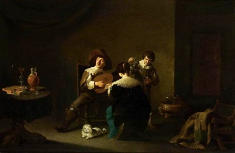 David Teniers (II) - Interior with a Gentleman Playing a Lute and a Lady Singing - WGA22072. Free illustration for personal and commercial use.