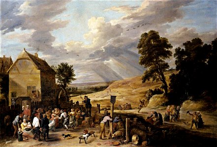 David Teniers (II) - Peasants Dancing outside an Inn - WGA22095. Free illustration for personal and commercial use.