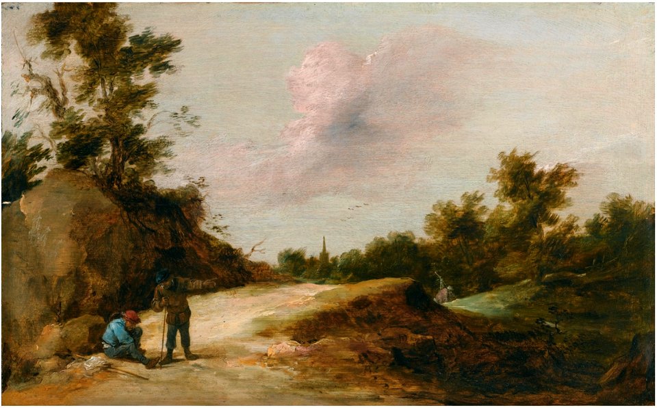 David Teniers (II) - Peasants resting on a rocky path, a wooded landscape beyond