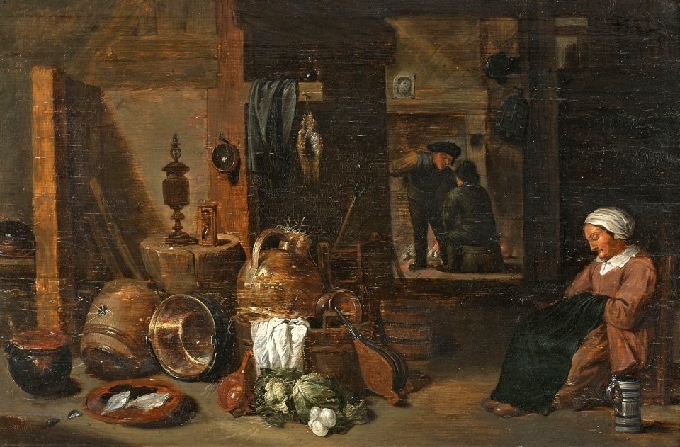 David Teniers dJ (after) Kücheninterieur mit schlafender Frau