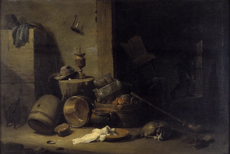 David Teniers - Interieur met keukengerei en een hond - NK2636 - Cultural Heritage Agency of the Netherlands Art Collection