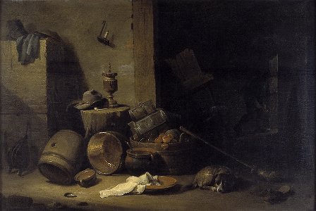 David Teniers - Interieur met keukengerei en een hond - NK2636 - Cultural Heritage Agency of the Netherlands Art Collection