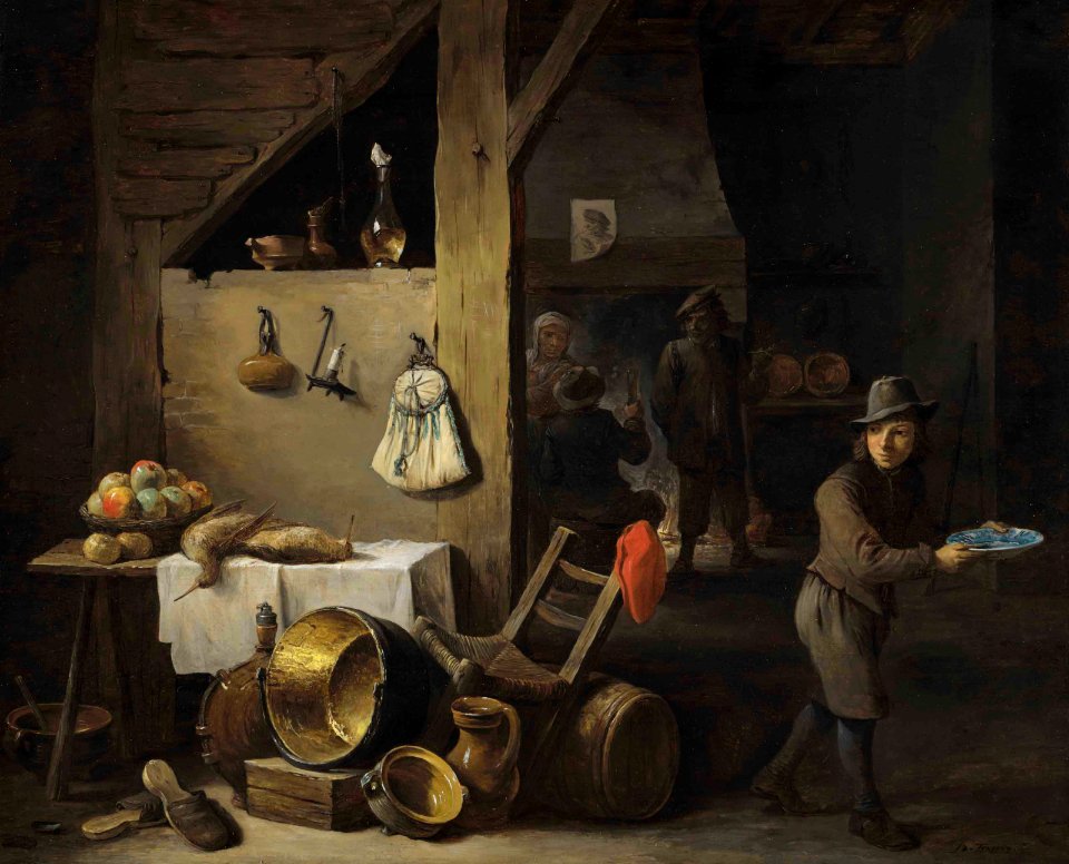 David Teniers - A kitchen interior with a young boy and three figures drinking and smoking 2018 NYR 15654 0040