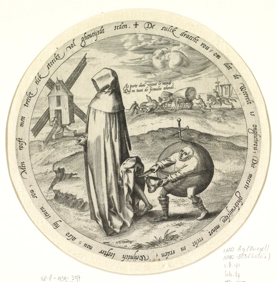 De misantroop wordt bestolen door de wereld, Johannes Wierix, after Pieter Bruegel (I), 1566 - 1570