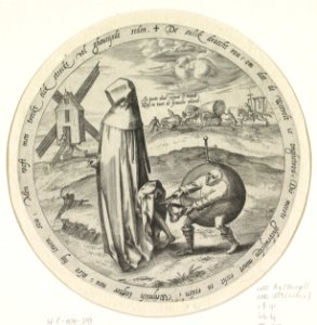 De misantroop wordt bestolen door de wereld, Johannes Wierix, after Pieter Bruegel (I), 1566 - 1570
