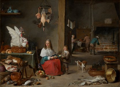 David Teniers de Jonge - Kitchen Interior - 260 - Mauritshuis. Free illustration for personal and commercial use.