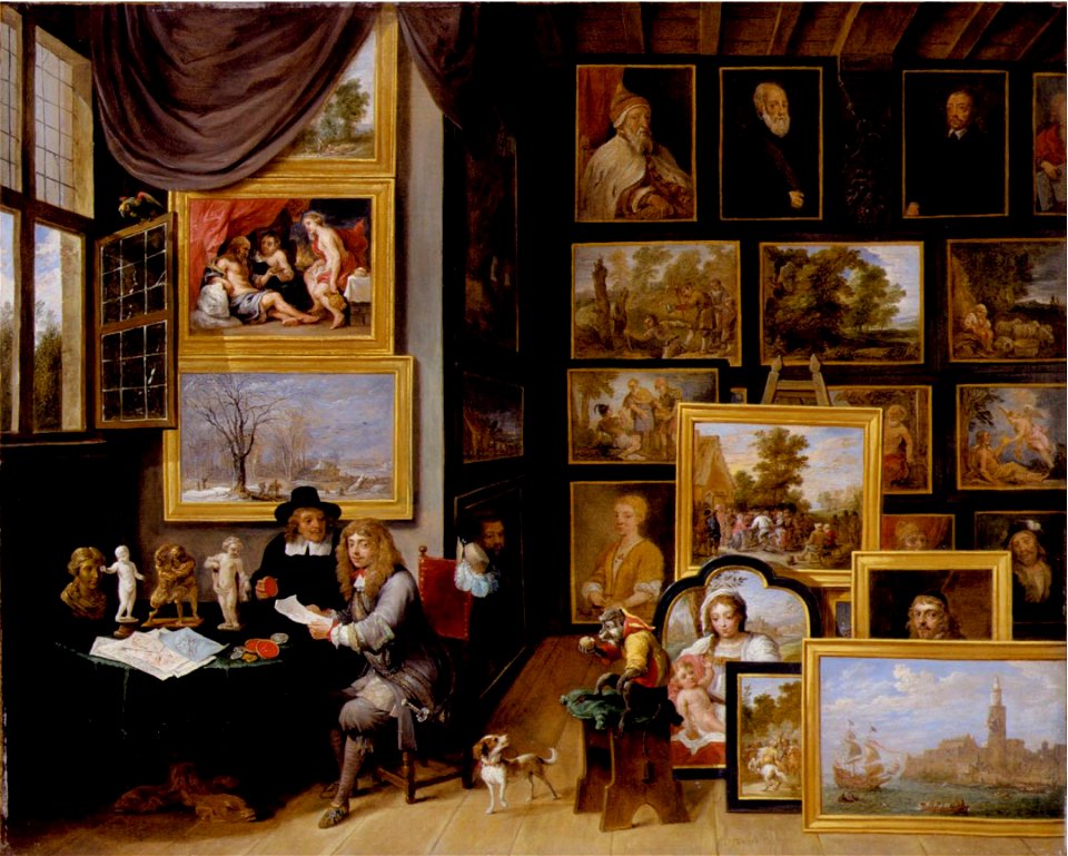 David Teniers II - A picture gallery with two men examining a seal and a red chalk drawing, and a monkey present
