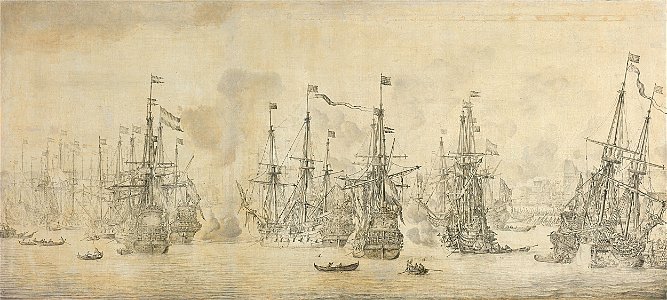De mislukte aanslag van de Engelsen op de retourvloot in de haven van Bergen (Noorwegen), 12 augustus 1665; episode uit de Tweede Engelse Zeeoorlog (1665-67) Rijksmuseum SK-A-1384