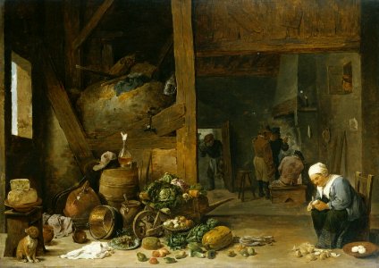 David Teniers the Younger (Antwerp 1610-Brussels 1690) - The Interior of a Kitchen with an Old Woman Peeling Turnips - RCIN 405945 - Royal Collection