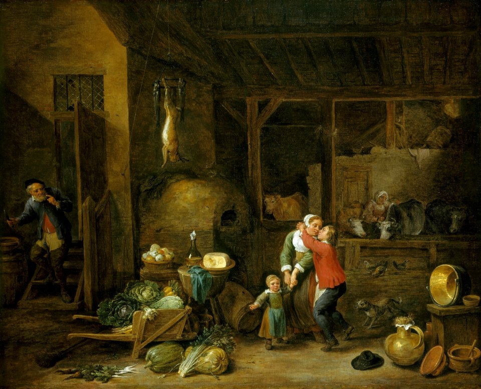 David Teniers the Younger (Antwerp 1610-Brussels 1690) - Interior of a Famhouse with Figures ('The Stolen Kiss') - RCIN 405342 - Royal Collection