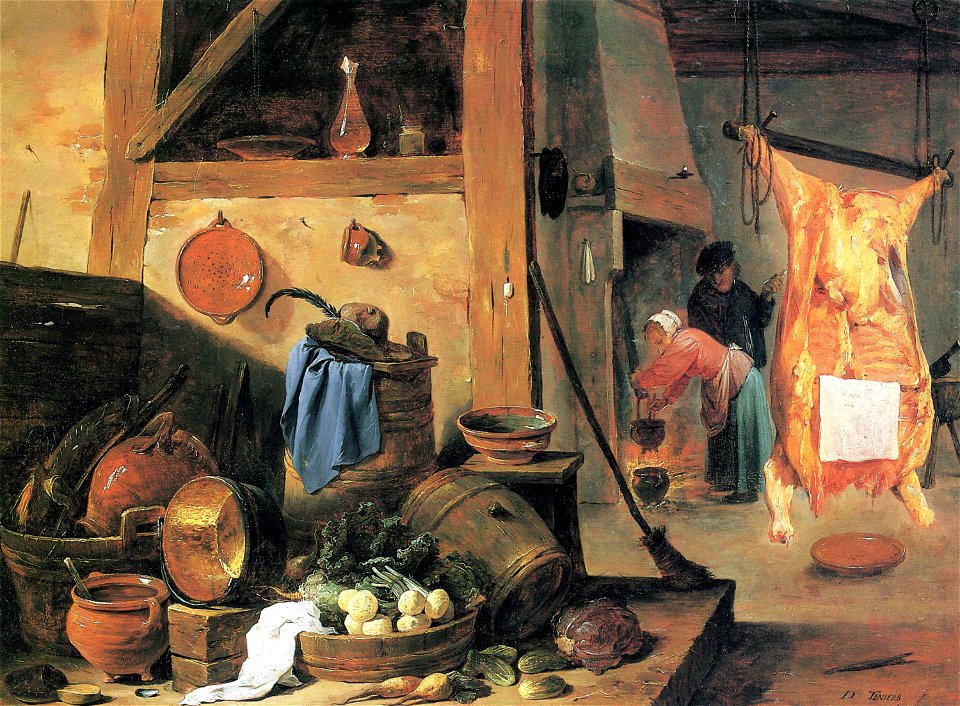 David Teniers the Younger - Kitchen interior with Still-life and Slaughtered Ox 77l085a
