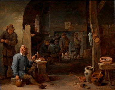 David Teniers the Younger - Tavern scene with a smoker holding a crock. Free illustration for personal and commercial use.