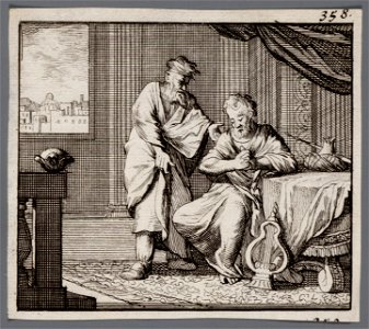 David zit aan een tafel en wordt door de profeet Nathan bestraft, objectnr A 48061