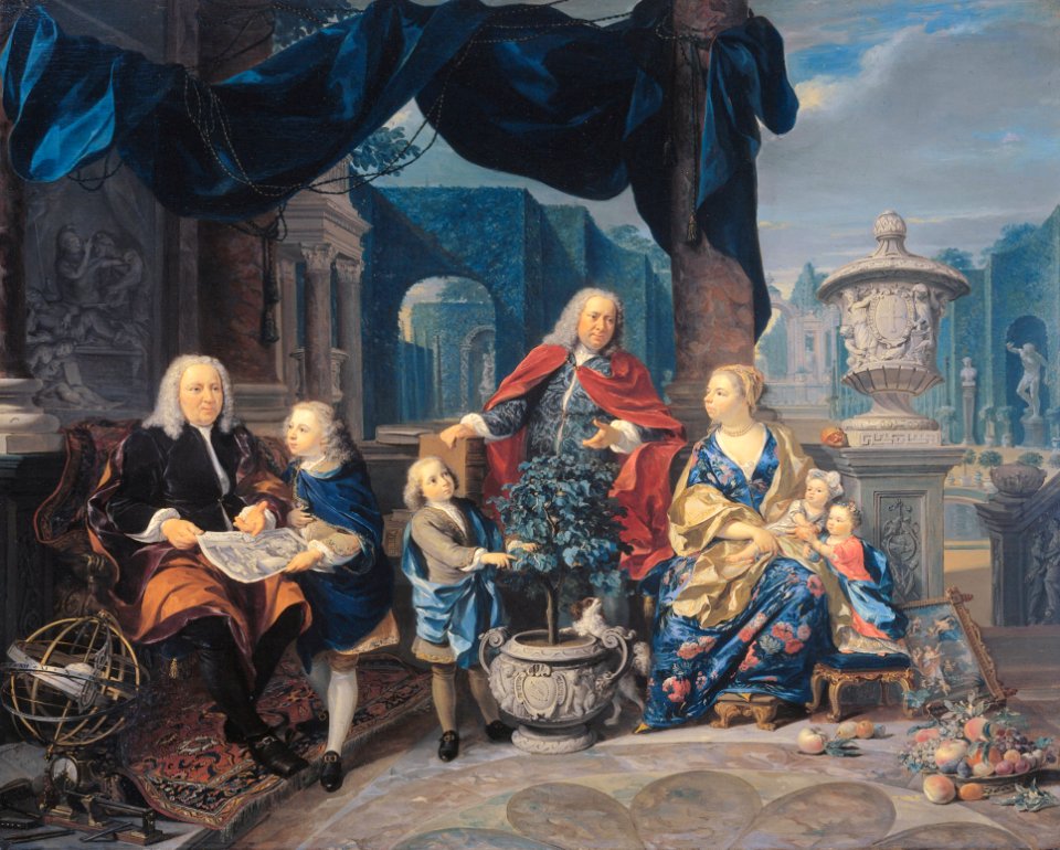 David van Mollem (1670-1746) and Jacob Sydervelt with his family, 1740, by Nicolas Verkolje