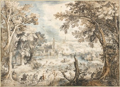David Vinckboons - Landscape with a Hare Hunt, 1601-1602 - Google Art Project. Free illustration for personal and commercial use.