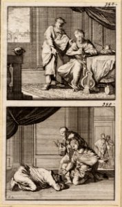 David zit aan een tafel en wordt door de profeet Nathan bestraft, David bidt voor het leven van het kind van Bathseba, objectnr A 48148