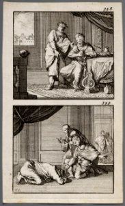 David zit aan een tafel en wordt door de profeet Nathan bestraft, David bidt voor het leven van het kind van Bathseba, objectnr A 48063