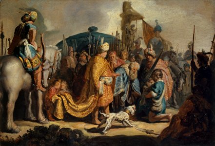David übergibt Goliaths Haupt dem König Saul, Rembrandt van Rijn, 1627, oil on oak, 27.4 by 39.7 cm, Kunstmuseum Basel