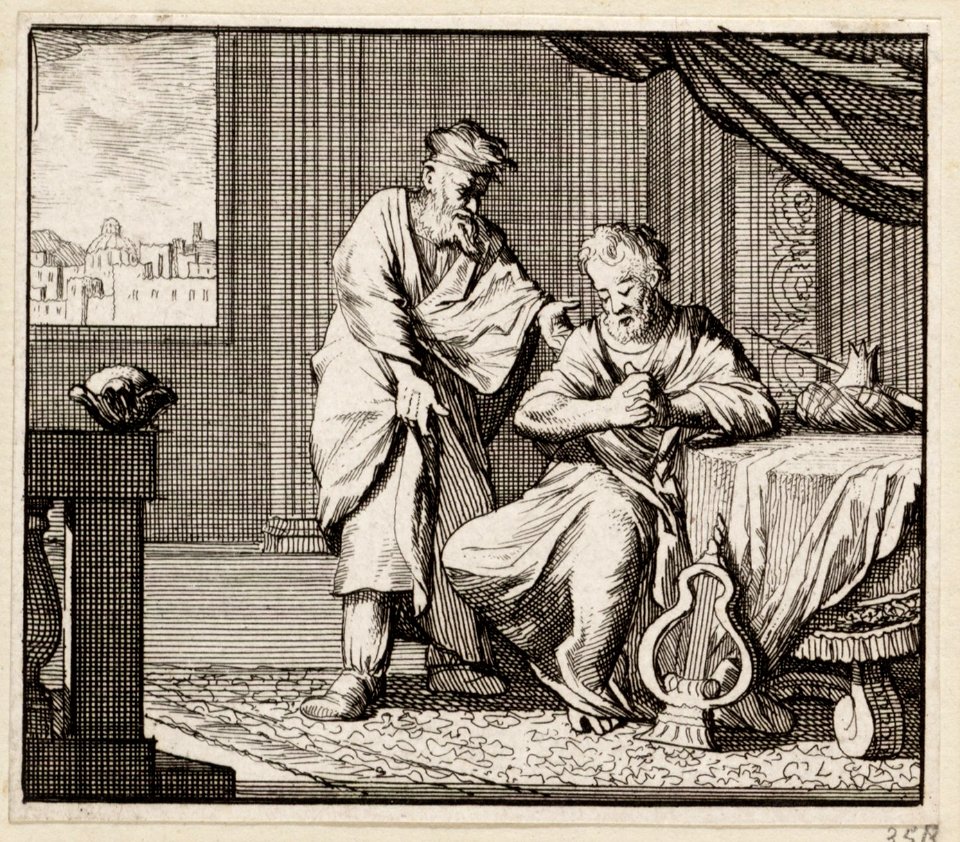 David zit aan een tafel en wordt door de profeet Nathan bestraft, objectnr A 48194