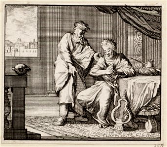 David zit aan een tafel en wordt door de profeet Nathan bestraft, objectnr A 48194