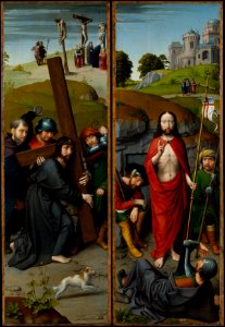 Gerard David - Christ Carrying the Cross, with the Crucifixion, The Resurrection, with the Pilgrims of Emmaus - 1975.1.119A-B - Metropolitan Museum of Art. Free illustration for personal and commercial use.