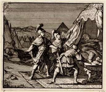 David, vergezeld door Abisai en Achimelech, vindt Saul slapend in zijn tent en neemt zijn beker mee, objectnr A 48192