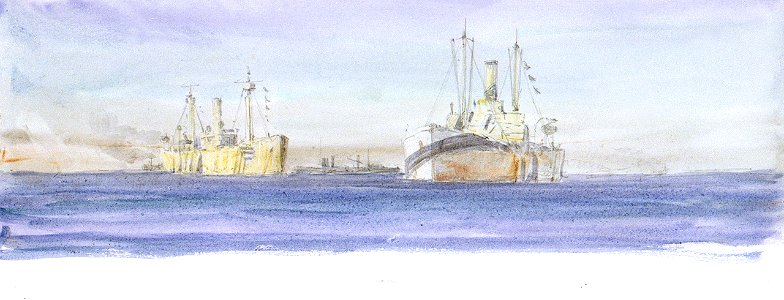 Dazzle-camouflaged cargo vessels at sea RMG PV0923