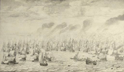 De slag bij Terheide - The Battle of Schevening - August 10 1653 (Willem van de Velde I, 1657). Free illustration for personal and commercial use.