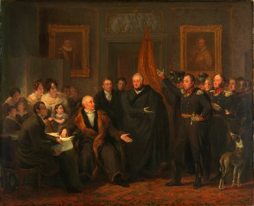 De aanvaarding van het Hoog Bewind door het Driemanschap in naam van de prins van Oranje, 21 november 1813 Rijksmuseum SK-A-1558