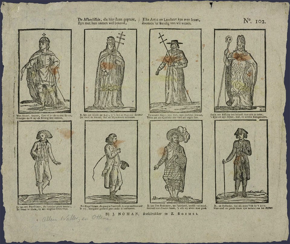 De afbeeldsels, die hier staan geprent, zyn met hun namen wel bekend, elks ambt en landaart kan men lezen, zoomen 'er kundig van wil wezen-Catchpenny print-SMC K 0001