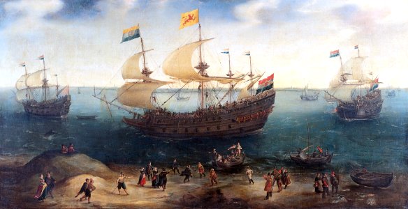 De Amsterdamse viermaster 'De Hollandse Tuyn' en andere schepen na terugkeer uit Brazilië onder bevel van Paulus van Caerden - The 'De Hollandse Tuyn' and other Dutch ships return from Brazil (Hendrik Cornelisz. Vroom)