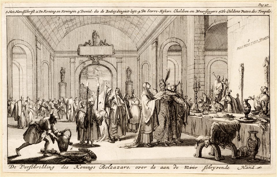 De verschrikking des konings Belzazars, over de aan de muur schryvende hand, objectnr A 41790