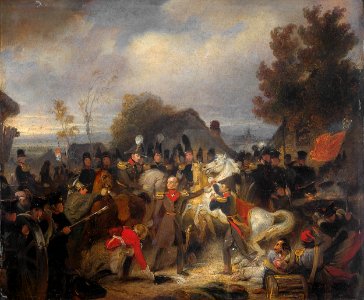 De vervanging van het gewonde paard van de prins van Oranje, de latere koning Willem II, tijdens het gevecht bij Boutersem, 12 augustus 1831 Rijksmuseum SK-A-2823. Free illustration for personal and commercial use.