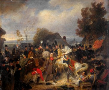 De vervanging van het gewonde paard van de prins van Oranje, de latere koning Willem II, tijdens het gevecht bij Boutersem, 12 augustus 1831 Rijksmuseum SK-A-2823