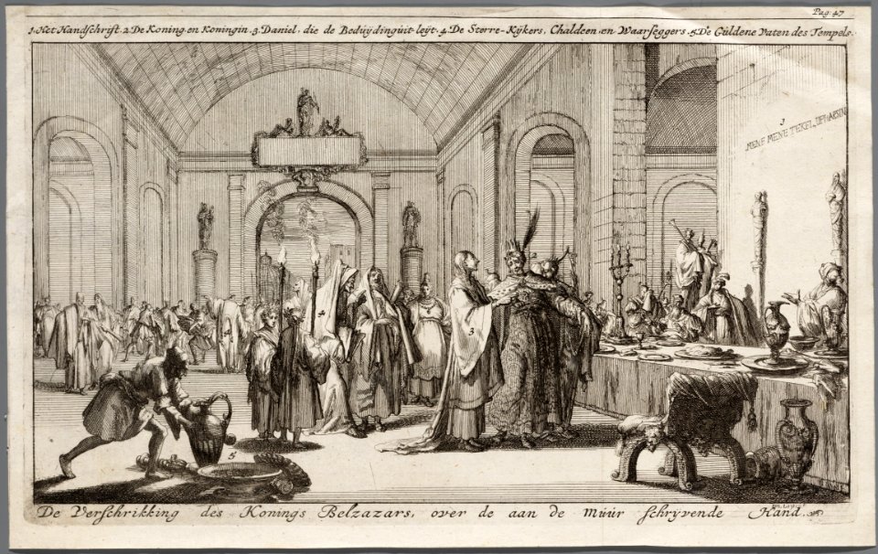 De verschrikking des konings Belzazars, over de aan de muur schryvende hand, objectnr A 41786