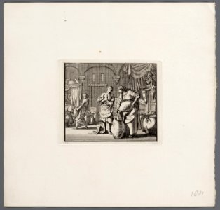 De weduwe te Zarfath en haar 2 zoons vullen vaatwerk met olie uit de wonderbaarlijk gevende kruik, objectnr A 48012