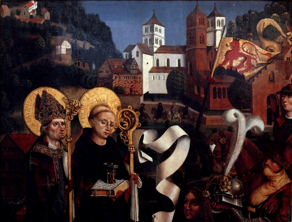 Die Heiligen Aurelius und Benedikt mit Stiftern vor dem Aureliuskloster und der Nazariuskirche