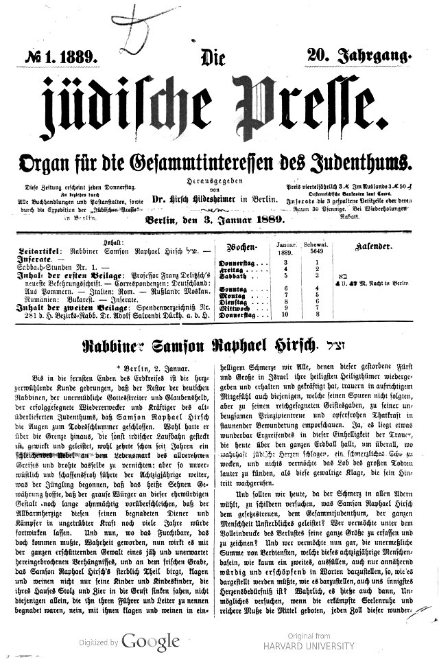 Die Jüdische Presse. 20.Jahrg. 1889. Berlin. p.1