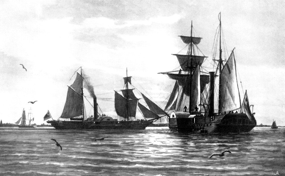 Die Radkorvetten BREMEN (Mitte) und HAMBURG der Reichsflotte um 1850. Gemälde von Lüder Arenhold 1905