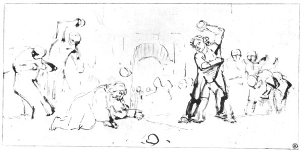 Die Steinigung des heiligen Stephanus, Rembrandt van Rijn, Federzeichnung, 12,4 x 25,5 cm, 1655 bis 1660, Kupferstichkabinett, Berlin