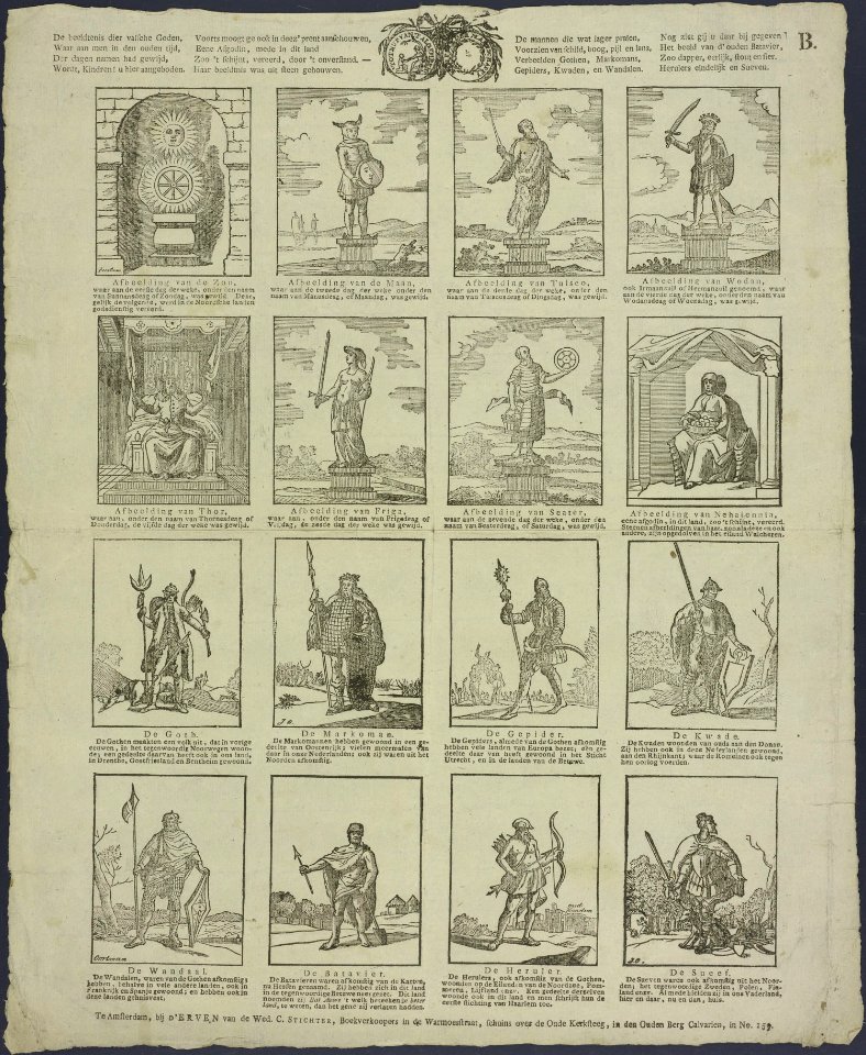 De beeldtenis dier valsche Goden, Waar aan men in den ouden tijd, Der dagen namen had gewijd, Wordt kindren! u hier aangeboden-Catchpenny print-Borms 0899