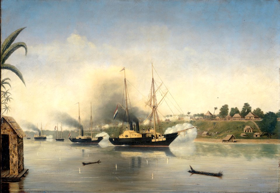 De beschieting van de Kraton van de Sultan van Djambi door de gouvernementsmarineschepen Celebes, Admiraal van Kinsbergen en Onrust op 8 september 1858 Rijksmuseum Amsterdam SK-A-4105