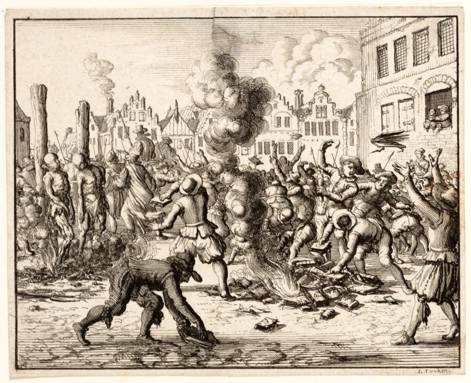De boeken van de verbrande Jurriaan Simonsz. te Haarlem worden door het volk buit gemaakt, objectnr A 41910