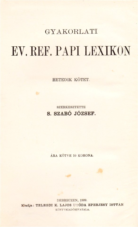 Debreczeni lelkészi tár (ev. ref. papi lexikon) sorozatjelzés