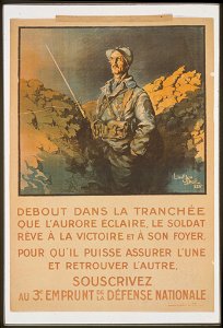 Debout dans la tranchée que l'aurore éclaire, le soldat réve á la victoire et á son foyer. Souscrivez au 3e Emprunt de la Défense Nationale LCCN99613784