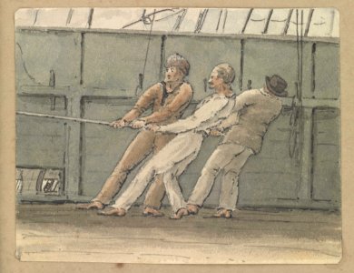 Deck scene with three men hauling on a rope RMG PZ4301