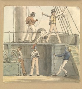 Deck scene with six figures including one steering at the ship's wheel RMG PZ4302